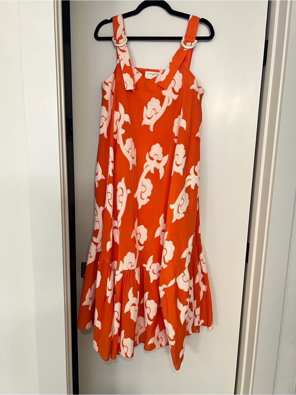 Exquise Orange Floral Ring-Strap Midi Dress